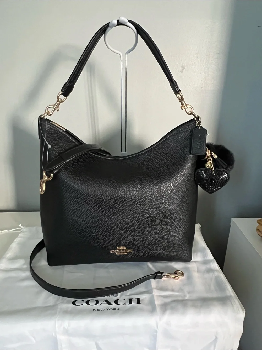 Coach Black Pebbled Leather Satchel with Heart Charm